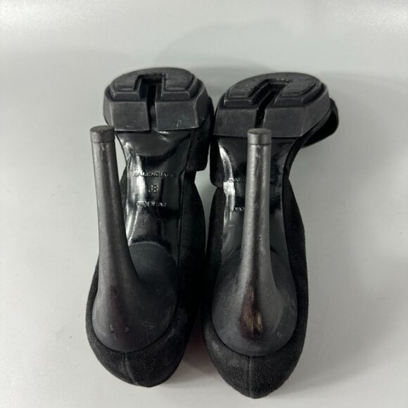 Authentic Balenciaga Strappy Open-Toe Black Suede Pumps, Size 38